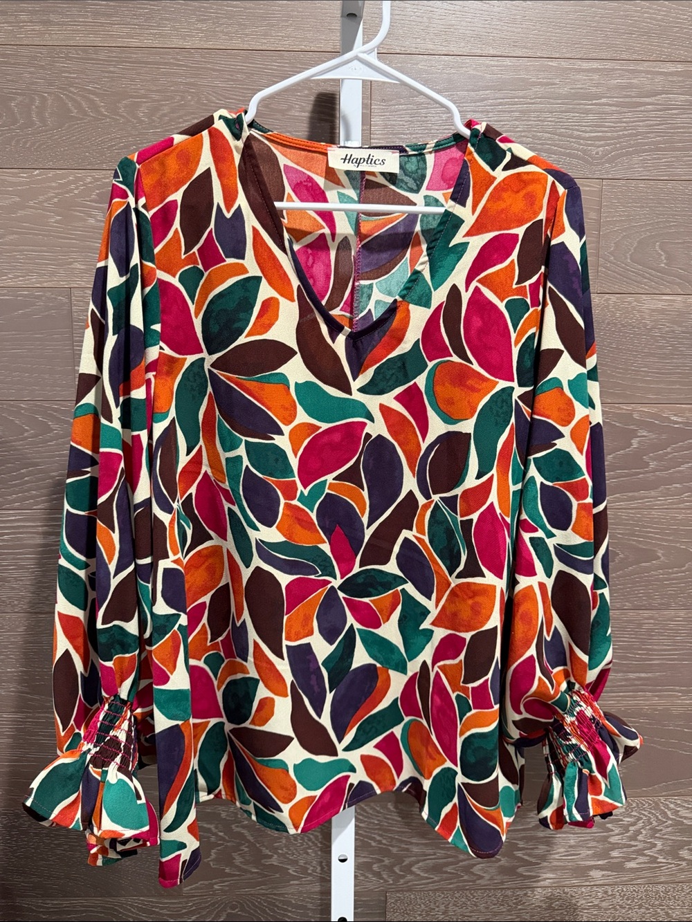 Leaf-Print V-Neck Blouse